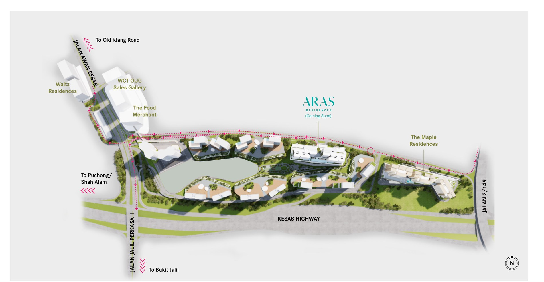 Accessibility egress map — ARAS Residences within WCity OUG, with routes via Jalan Awan Besar, Jalan Jalil Perkasa 1 and KESAS Highway