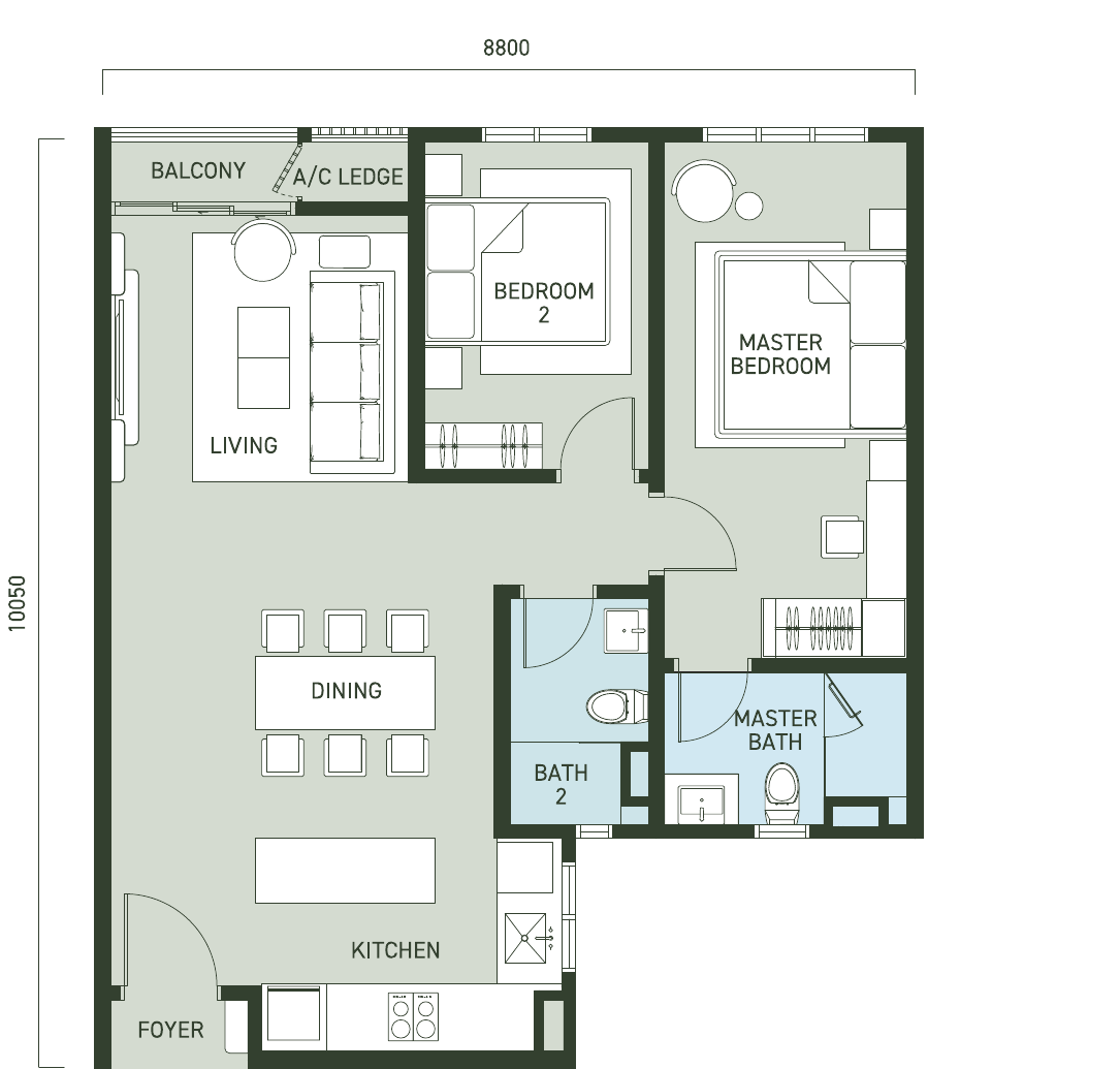 Type A / A1 layout plan — 850 sq.ft, 2 bedrooms