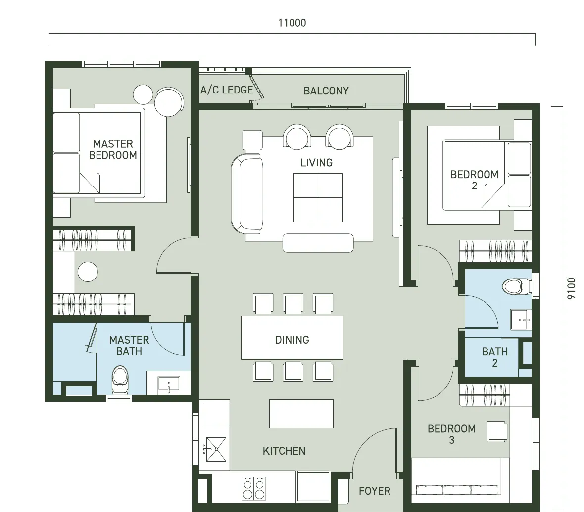 ARAS Residences Type B / B1 floor plan — 1,062 sq.ft, 3 bedrooms, 2 bathrooms