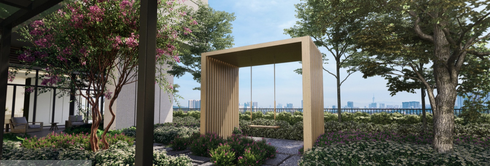 Sky garden landscaping with feature swing