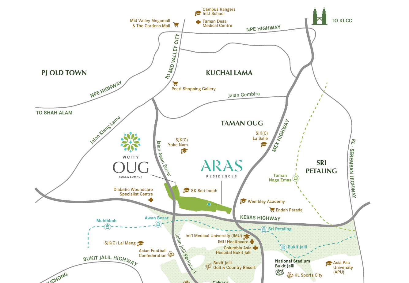 Location map — ARAS Residences @ WCity OUG, highways, rail and landmarks