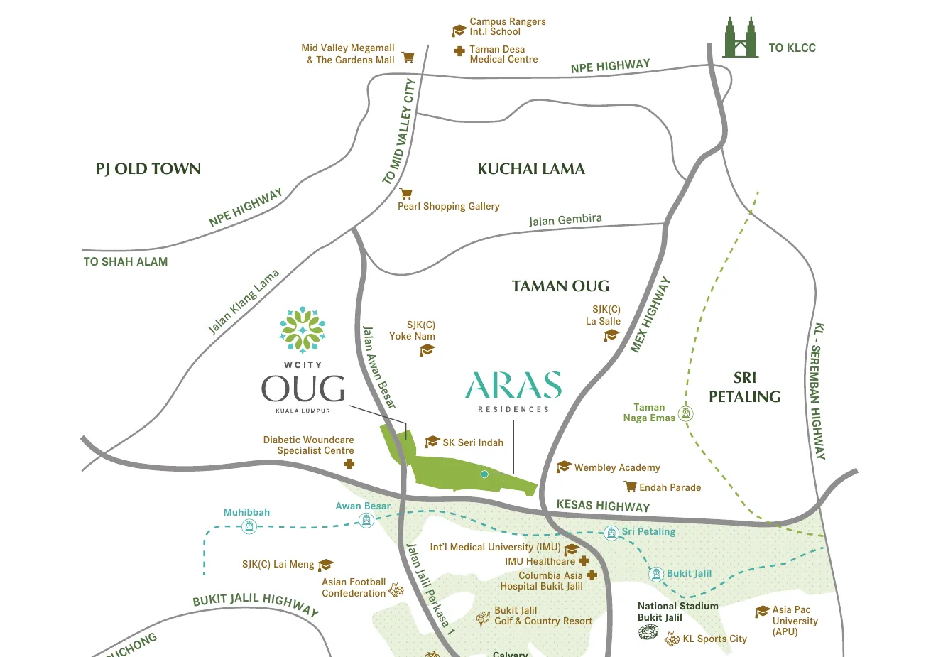 ARAS Residences @ WCity OUG location map — highways, LRT/MRT and nearby landmarks in OUG, Kuala Lumpur